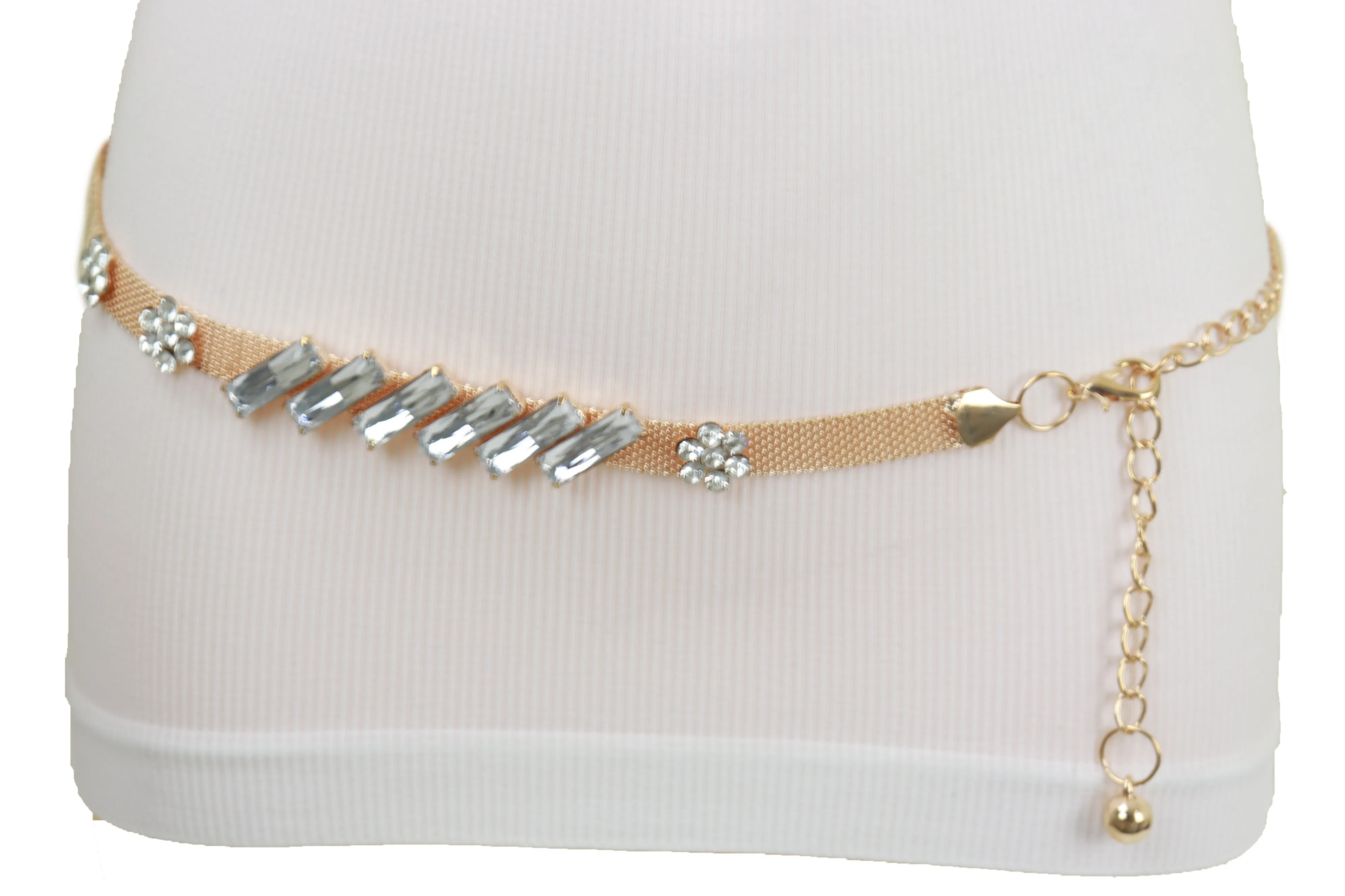 Gold Metal Chain Belt Flower Charms Long Beads Size S M L