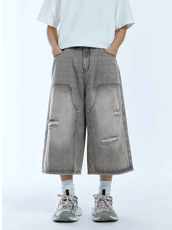 Grey Ripped Timber Wide Leg Cropped Denim Trousers