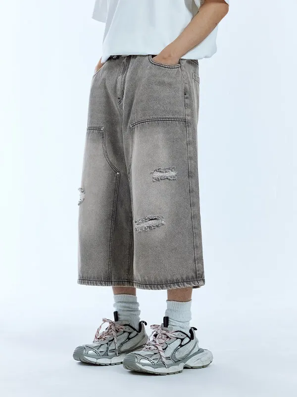 Grey Ripped Timber Wide Leg Cropped Denim Trousers