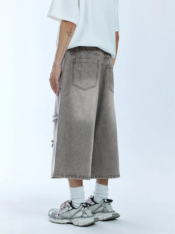 Grey Ripped Timber Wide Leg Cropped Denim Trousers