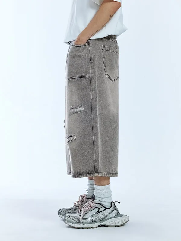 Grey Ripped Timber Wide Leg Cropped Denim Trousers