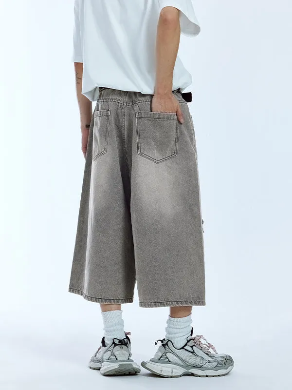 Grey Ripped Timber Wide Leg Cropped Denim Trousers