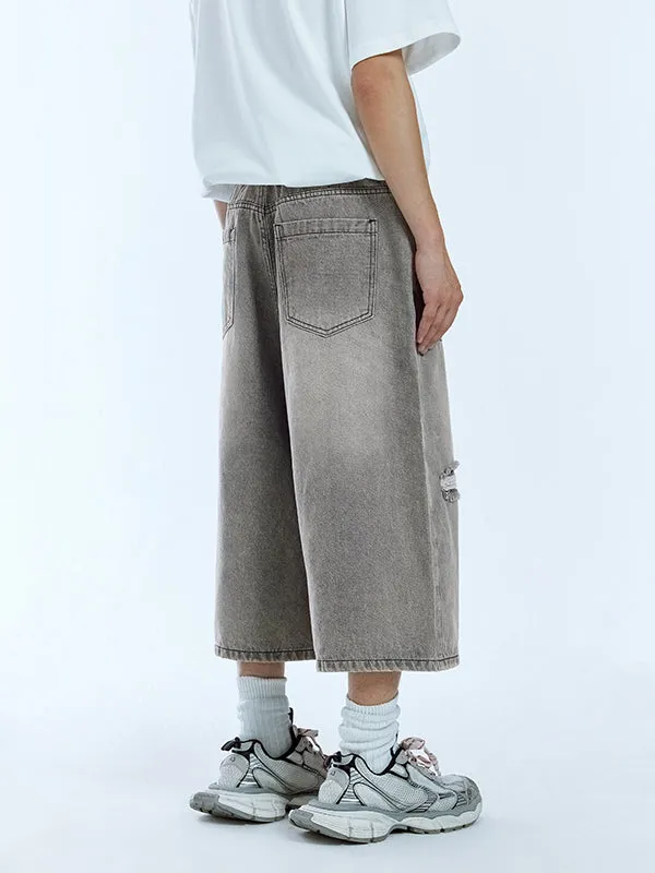 Grey Ripped Timber Wide Leg Cropped Denim Trousers