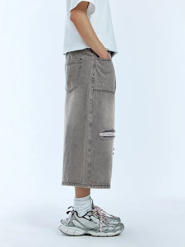 Grey Ripped Timber Wide Leg Cropped Denim Trousers