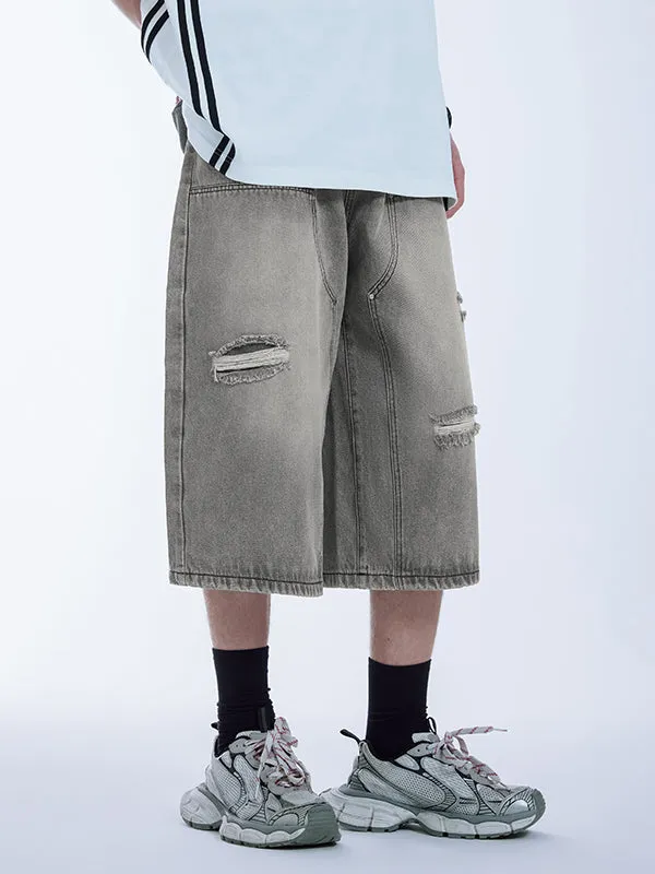 Grey Ripped Timber Wide Leg Cropped Denim Trousers