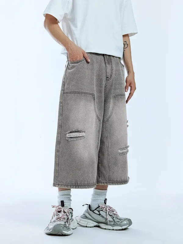 Grey Ripped Timber Wide Leg Cropped Denim Trousers