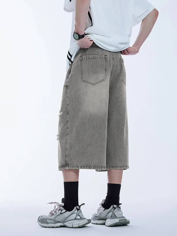Grey Ripped Timber Wide Leg Cropped Denim Trousers