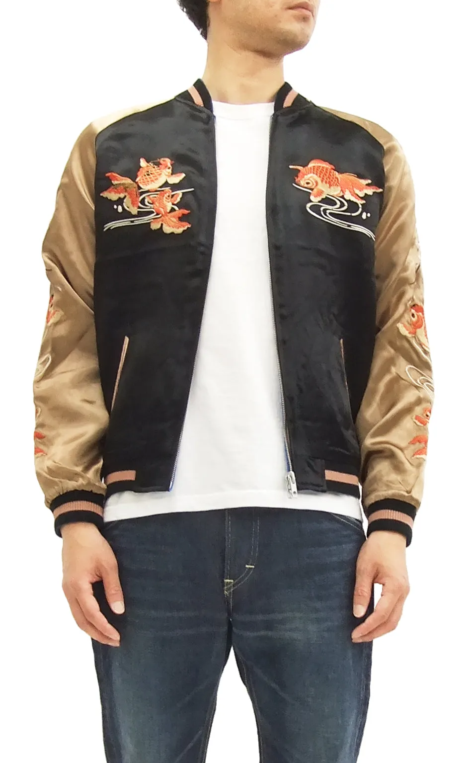 Hanatabi Gakudan Men's Japanese Souvenir Jacket Japanese Goldfish Sukajan Script SSJ-501