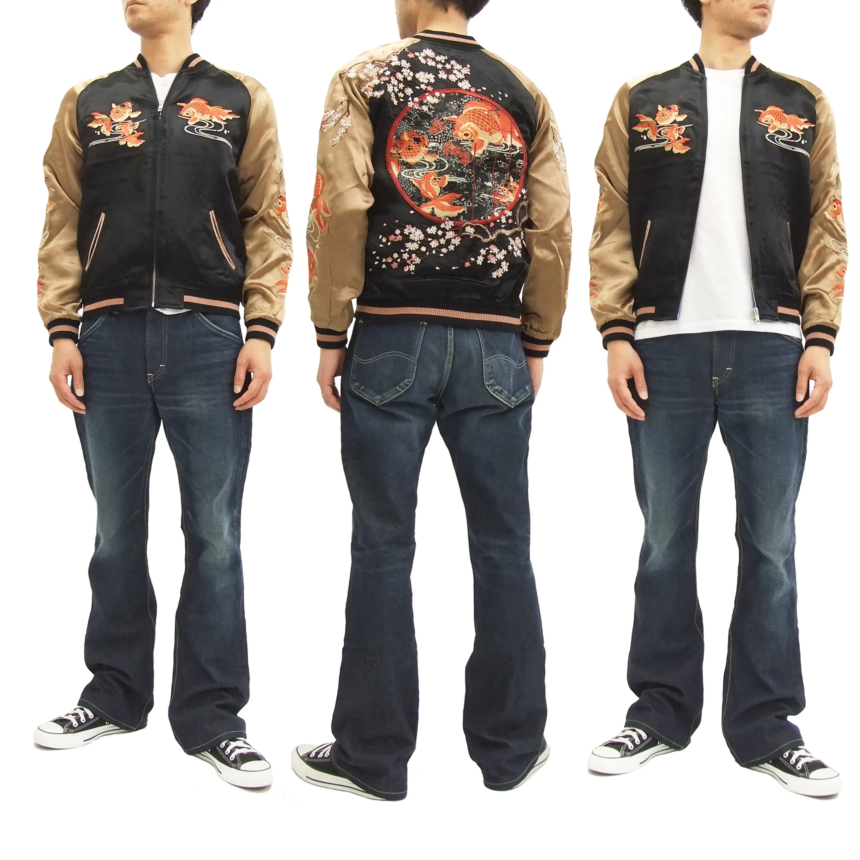 Hanatabi Gakudan Men's Japanese Souvenir Jacket Japanese Goldfish Sukajan Script SSJ-501