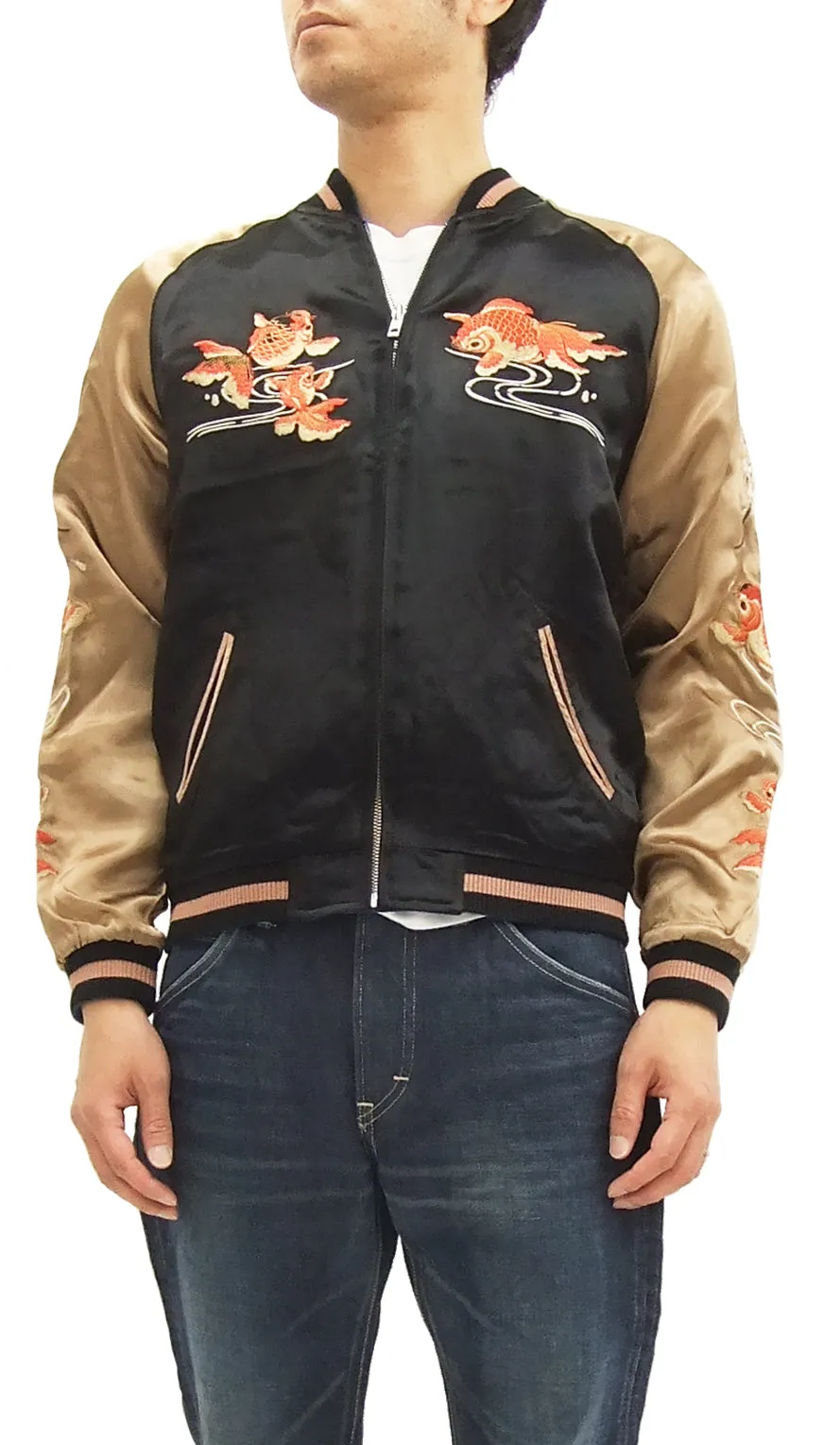 Hanatabi Gakudan Men's Japanese Souvenir Jacket Japanese Goldfish Sukajan Script SSJ-501