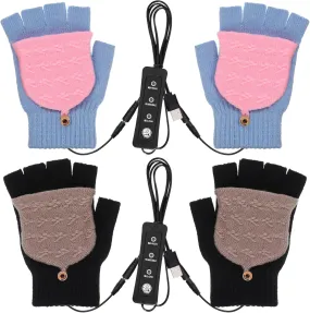 JaGely 2 Pairs USB Heated Gloves Mitten for Men Women Hand Winter Warmer with Temperature Adjustment Knitting Full Half Hands Heated Fingerless Washable Warm Laptop Gloves