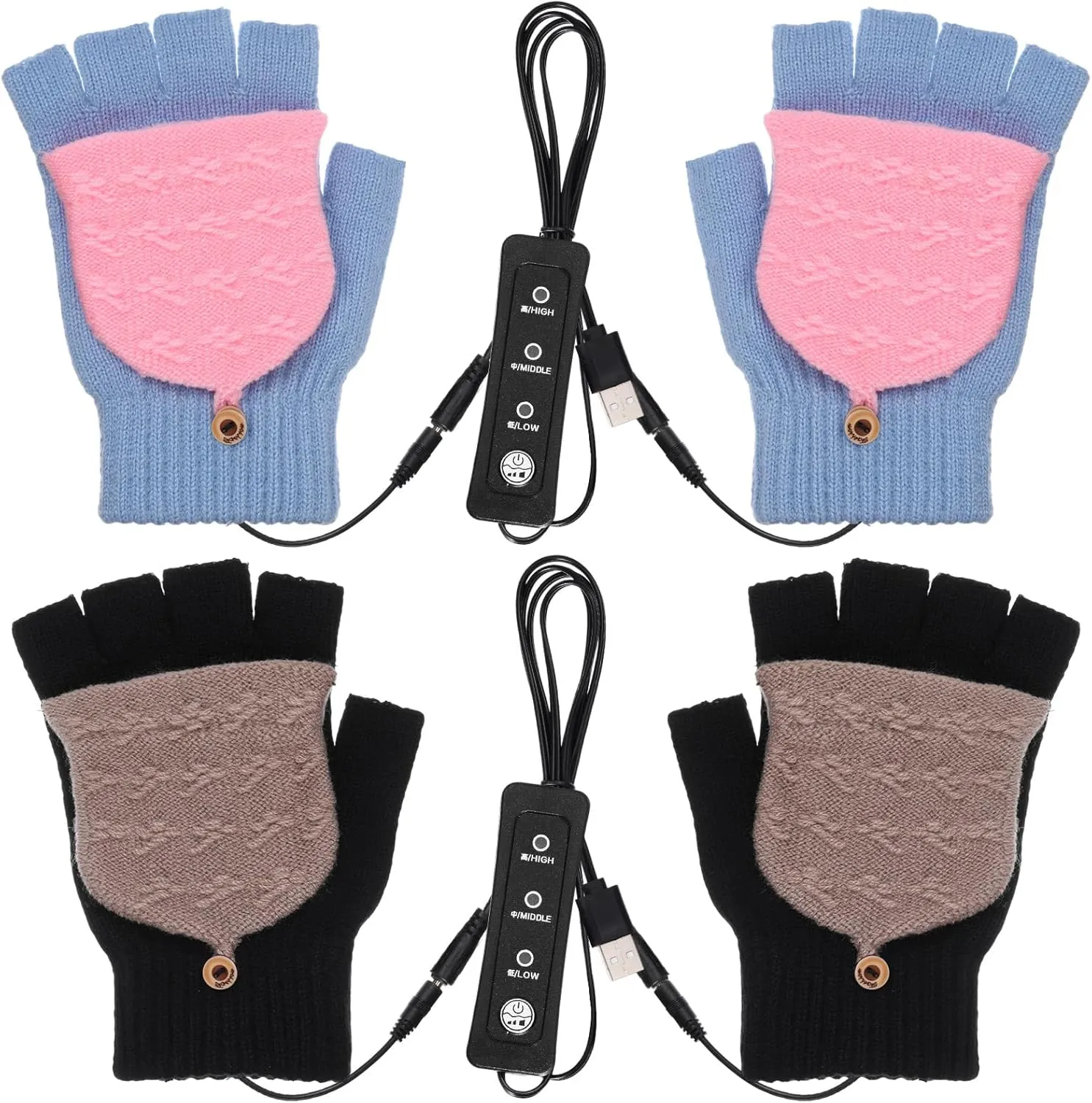 JaGely 2 Pairs USB Heated Gloves Mitten for Men Women Hand Winter Warmer with Temperature Adjustment Knitting Full Half Hands Heated Fingerless Washable Warm Laptop Gloves