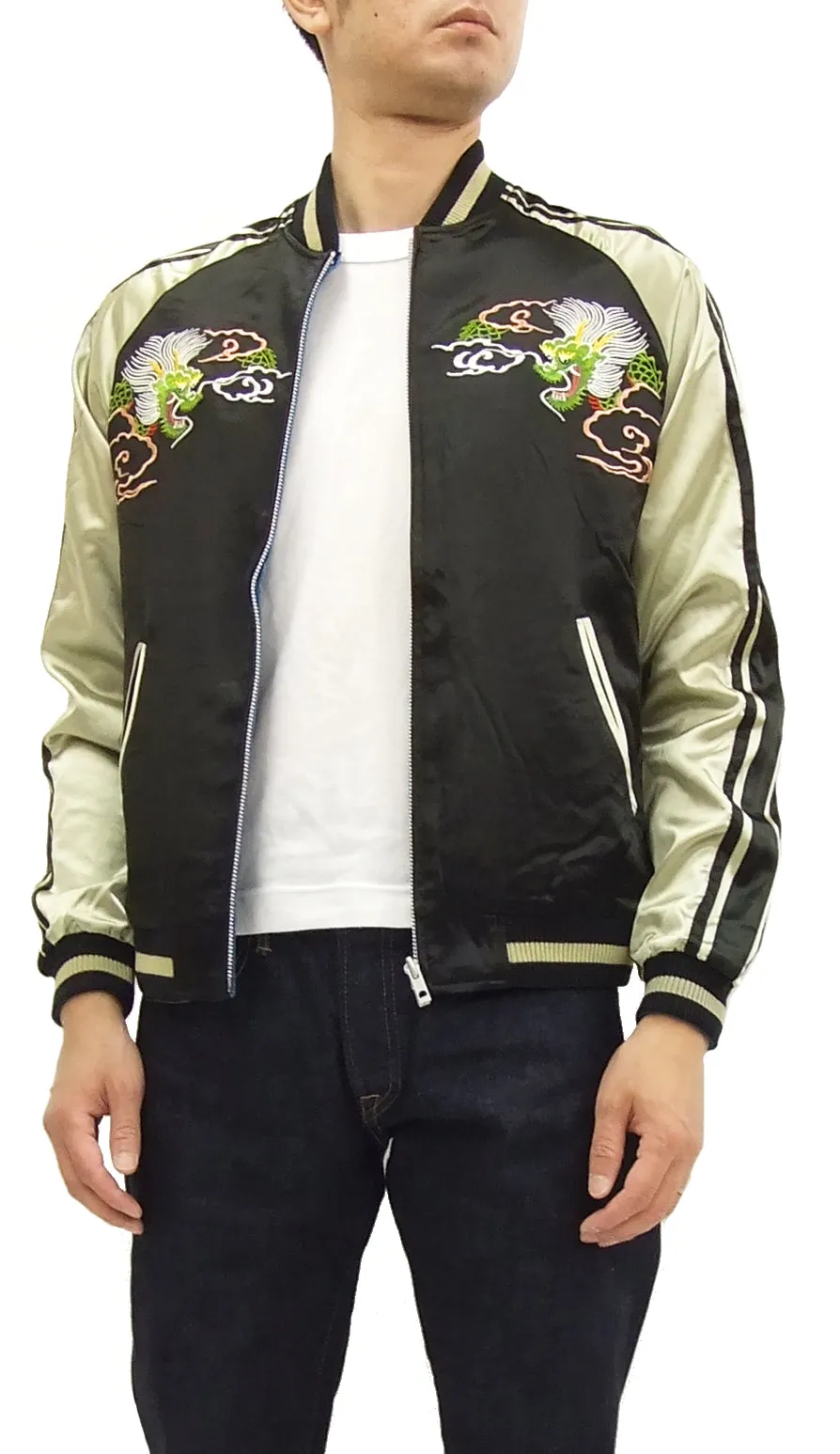 Japanesque Script Japanese Souvenir Jacket 3RSJ-501 Map Dragon Men's Sukajan Black/Beige