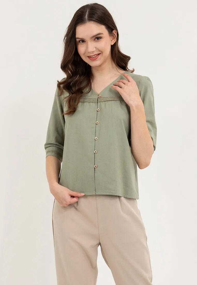 Krizia V-Neck Button Down Lace Trim Linen Blouse Top