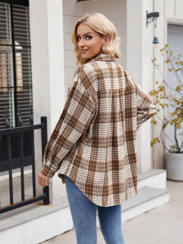 Lainey New Casual Fashion Houndstooth Button Flannel Tweed Shirt