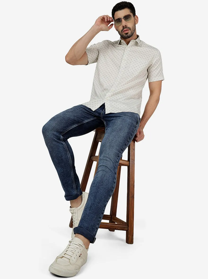 Light Beige Printed Slim Fit Semi Casual Shirt | JadeBlue