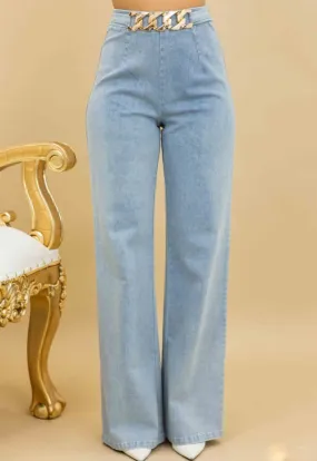 LIGHT DENIM BELTED STRETCH PANTS