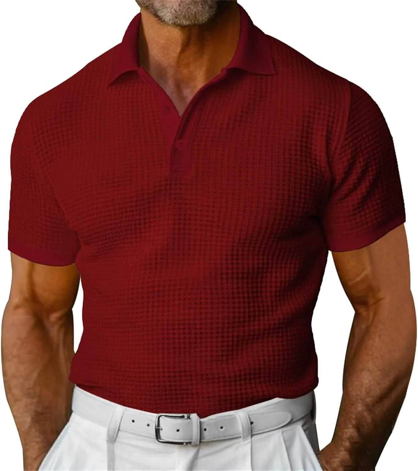 Men's Waffle Knit Polo Shirt Short Sleeve Button Down Breathable Casual Tennis Top Solid Color Summer Outdoor Sports Blouse