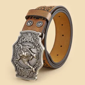 Men's Yak Matador Bull Engraved Floral Leather Belt