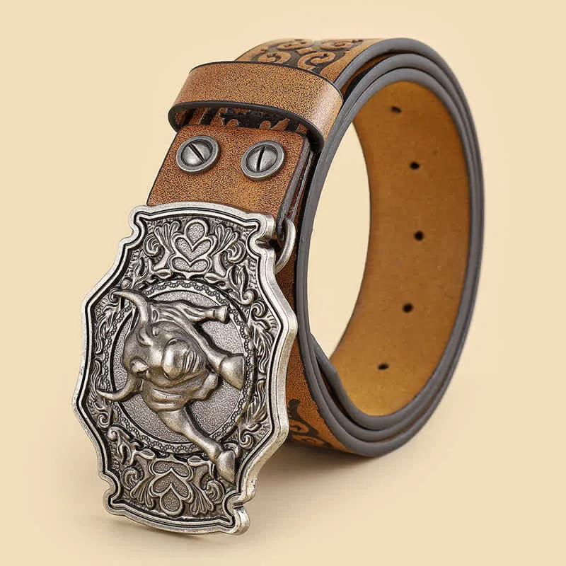 Men's Yak Matador Bull Engraved Floral Leather Belt