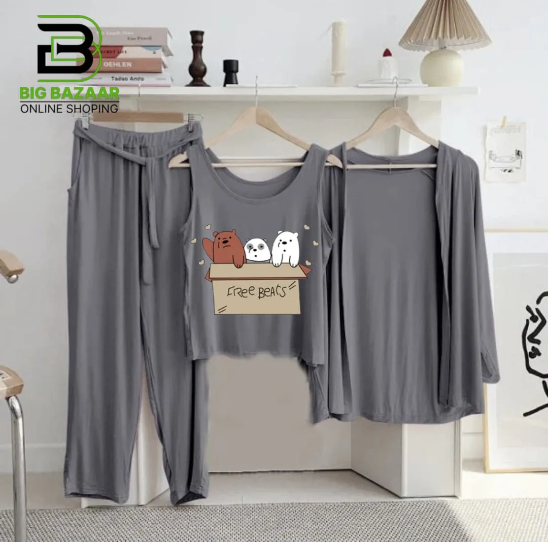 New 3-Piece Printed Night Suits (Grey)
