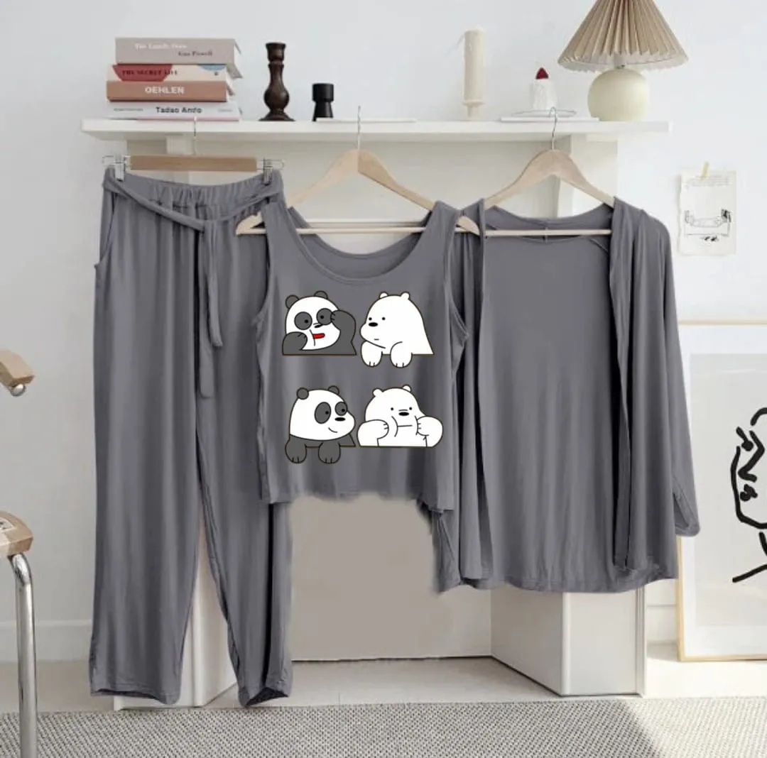 New 3-Piece Printed Night Suits (Grey)