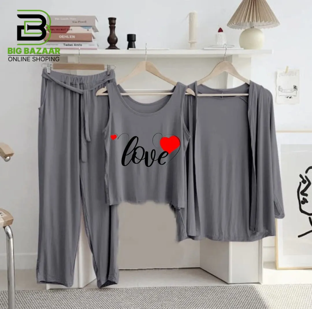 New 3-Piece Printed Night Suits (Grey)