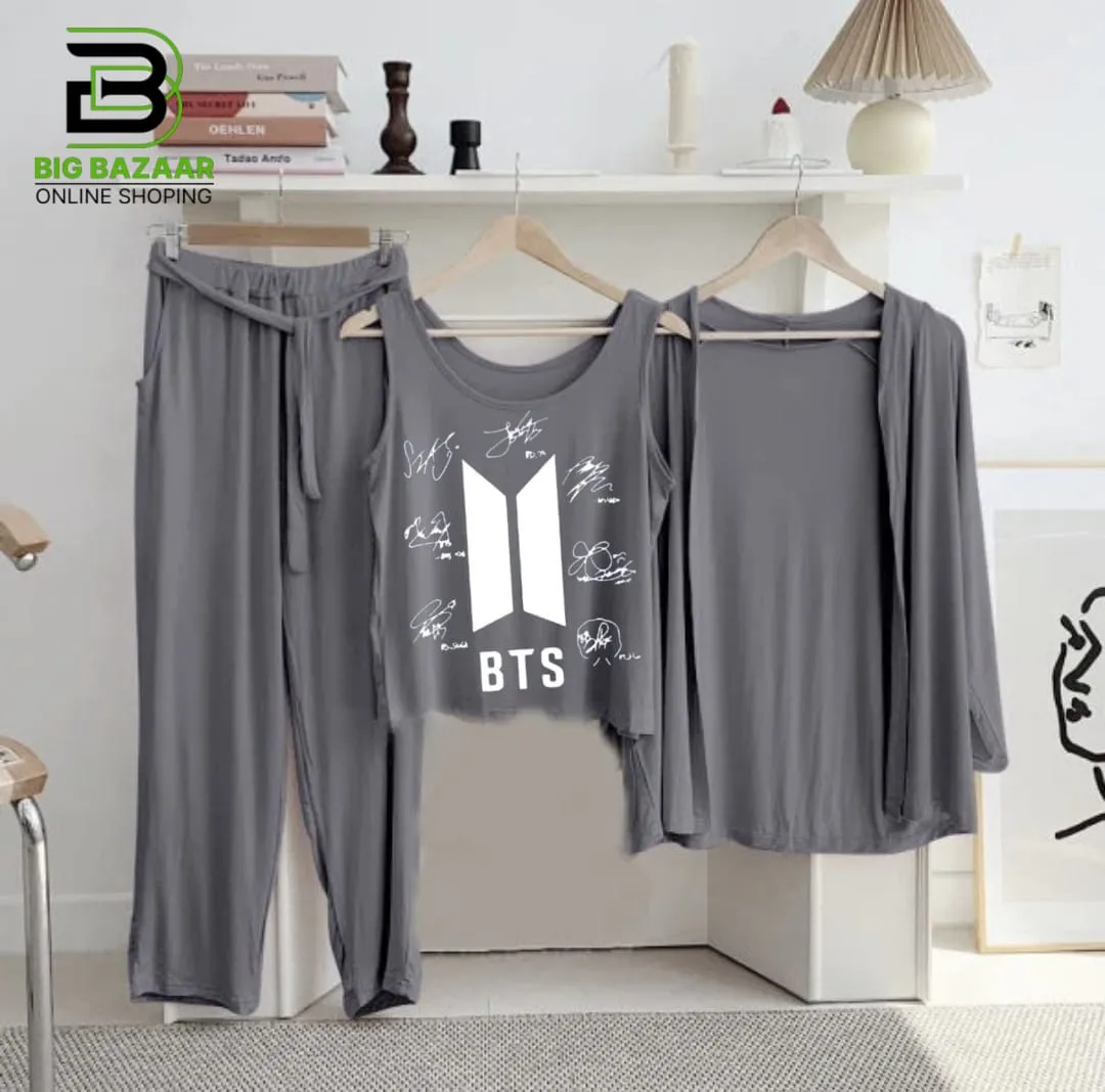New 3-Piece Printed Night Suits (Grey)
