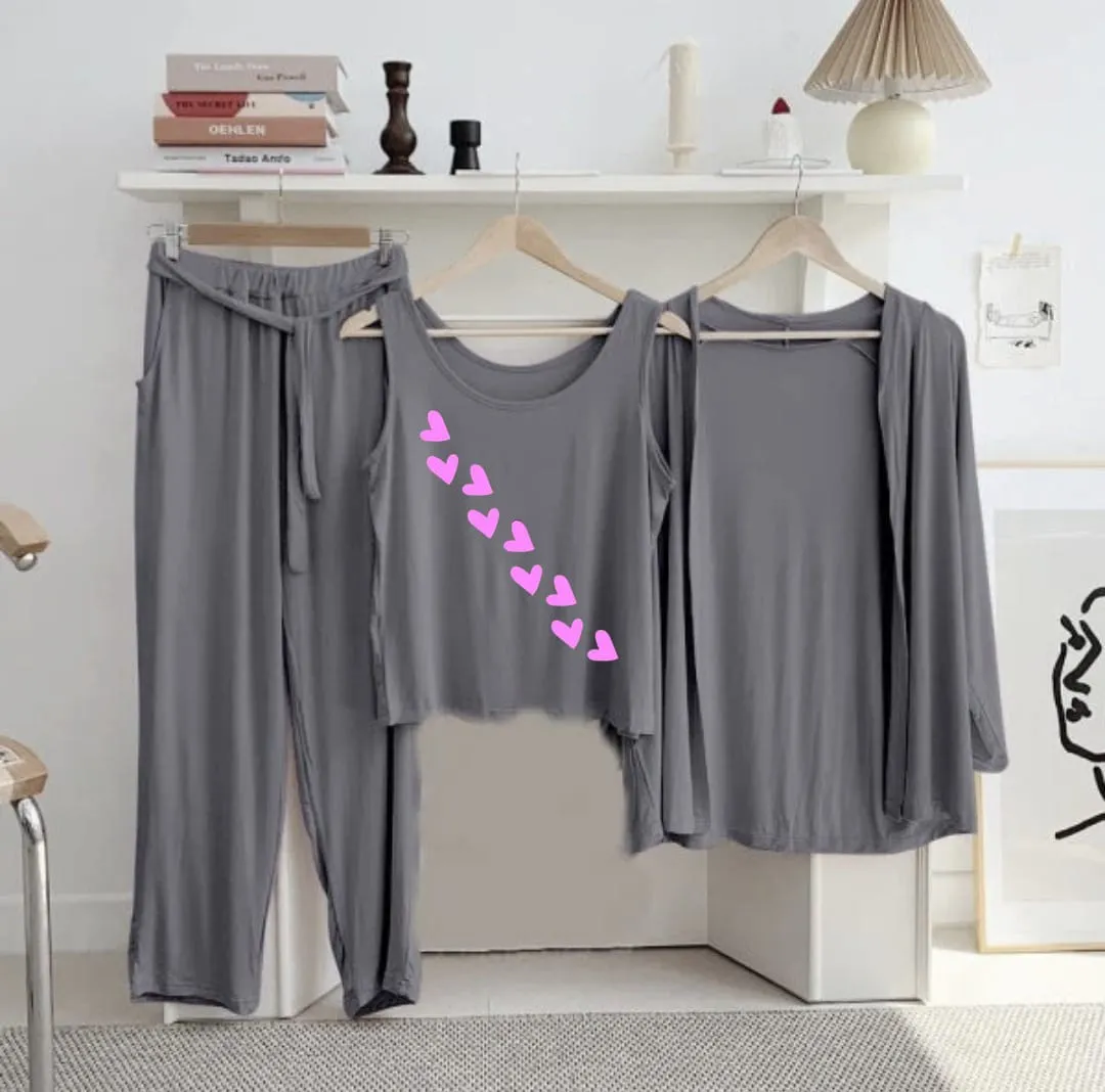 New 3-Piece Printed Night Suits (Grey)