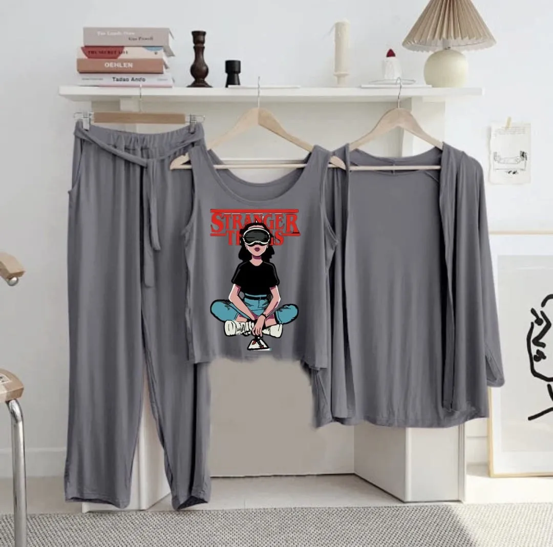 New 3-Piece Printed Night Suits (Grey)