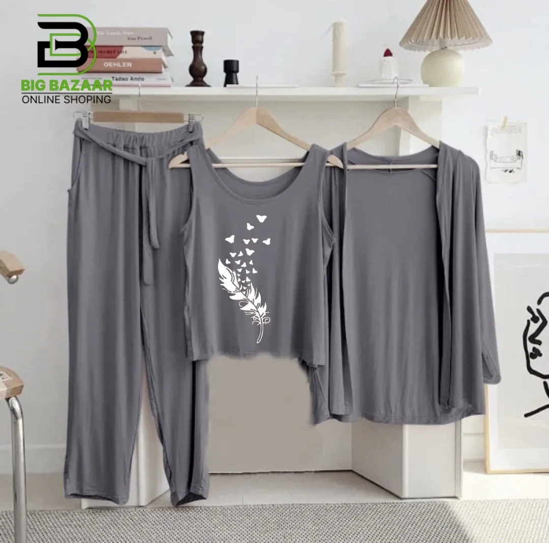 New 3-Piece Printed Night Suits (Grey)
