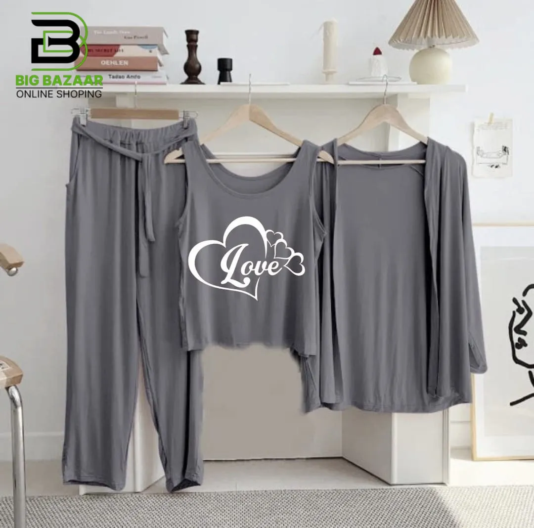 New 3-Piece Printed Night Suits (Grey)
