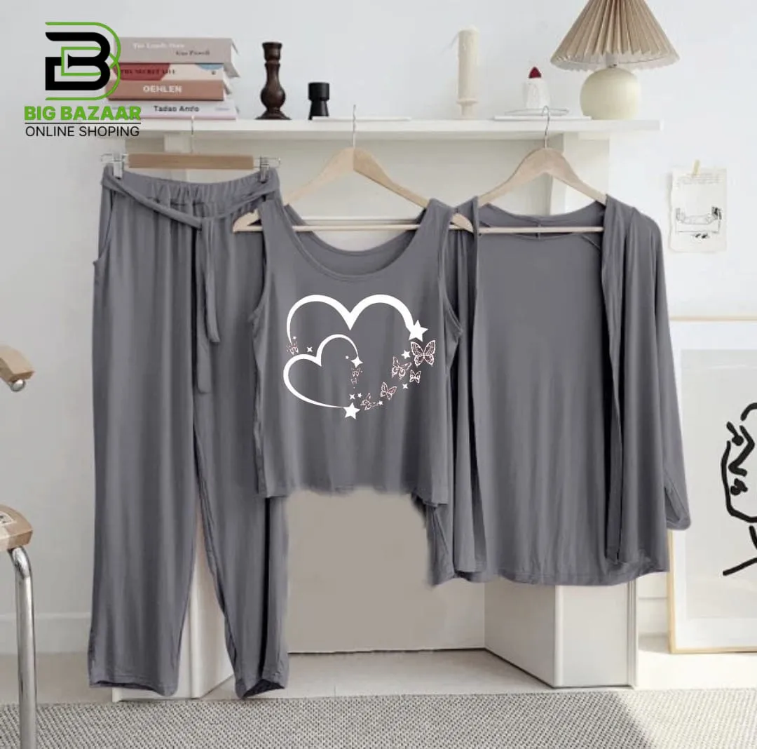 New 3-Piece Printed Night Suits (Grey)