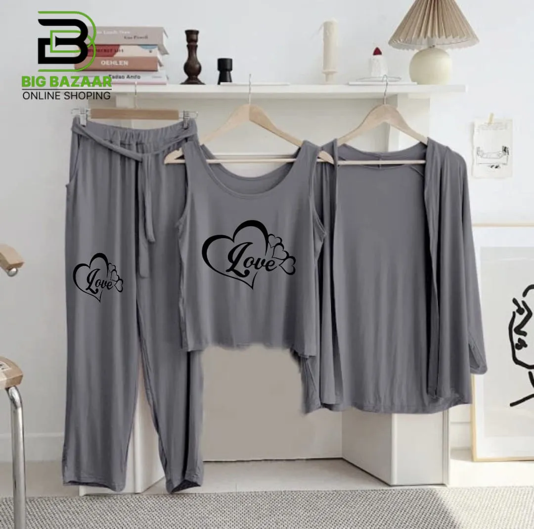 New 3-Piece Printed Night Suits (Grey)