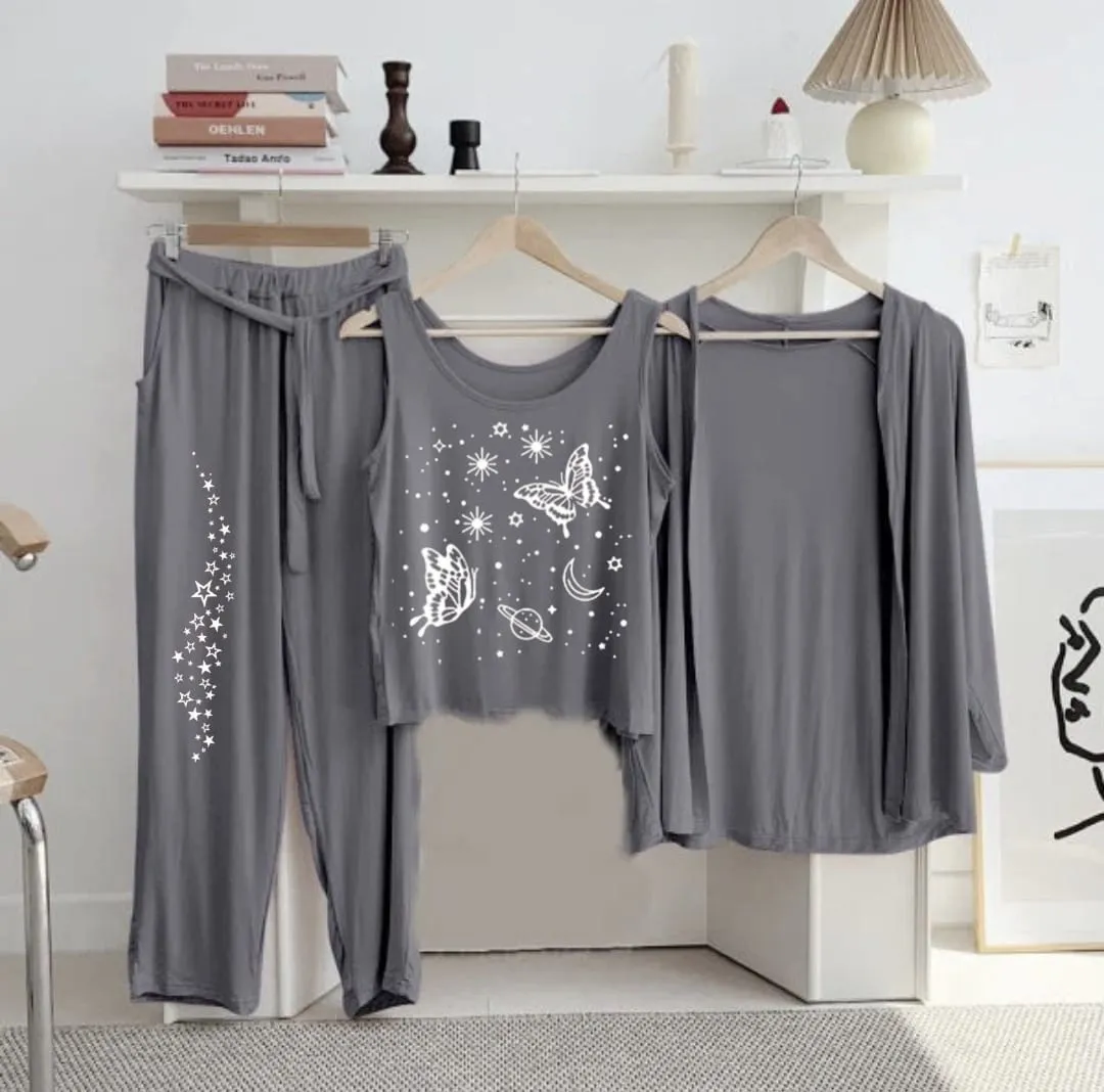 New 3-Piece Printed Night Suits (Grey)