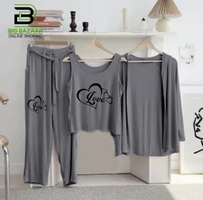 New 3-Piece Printed Night Suits (Grey)
