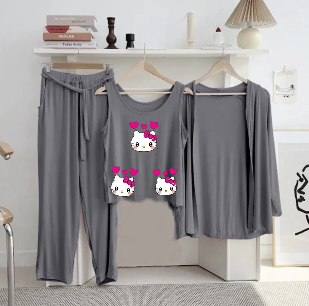New 3-Piece Printed Night Suits (Grey)