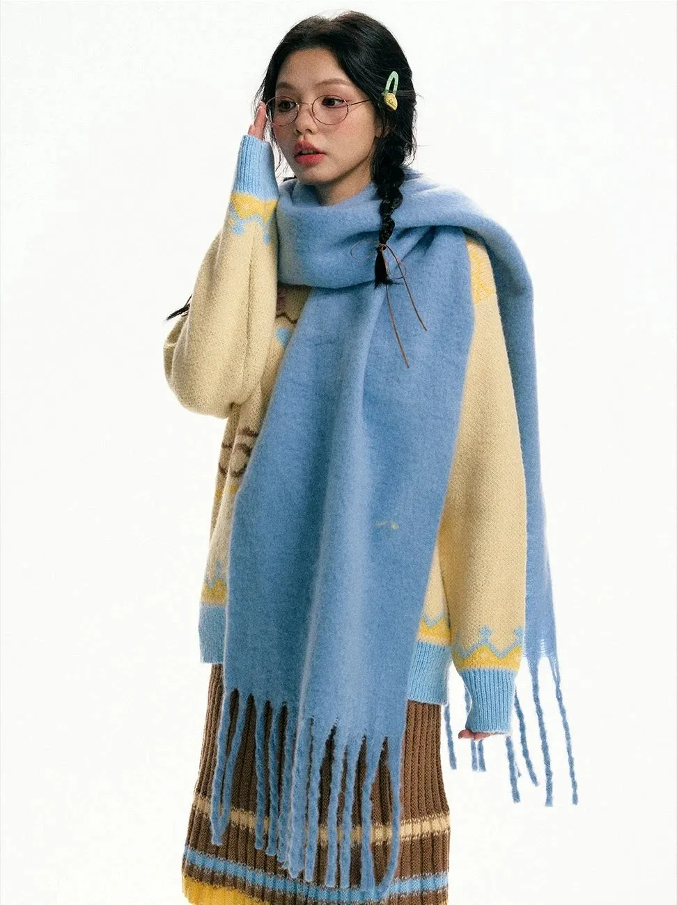 Oversized Scarf with Fringe Trim