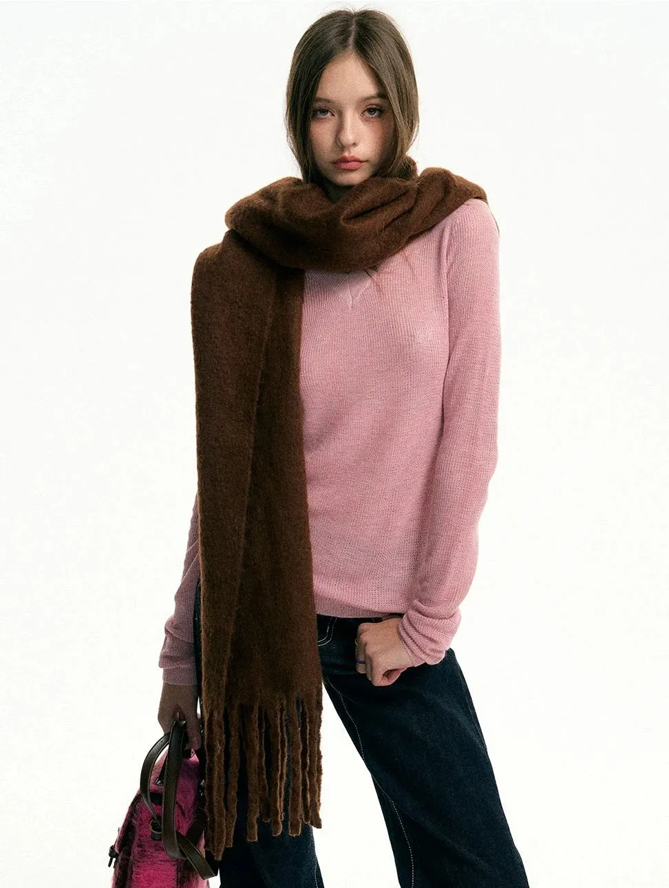Oversized Scarf with Fringe Trim