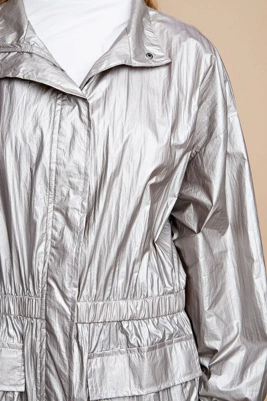 Silver Grey Metallic Snap Front Jacket