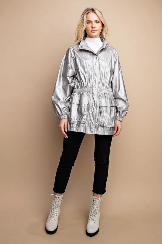 Silver Grey Metallic Snap Front Jacket