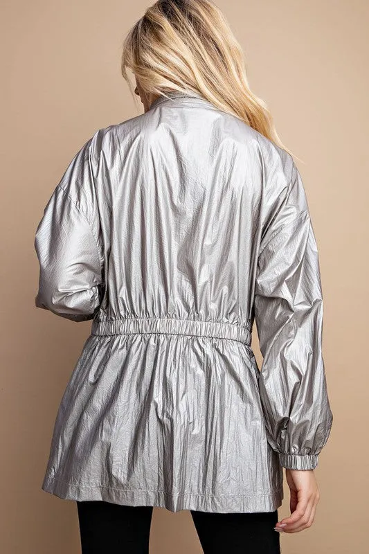 Silver Grey Metallic Snap Front Jacket
