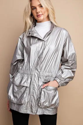 Silver Grey Metallic Snap Front Jacket