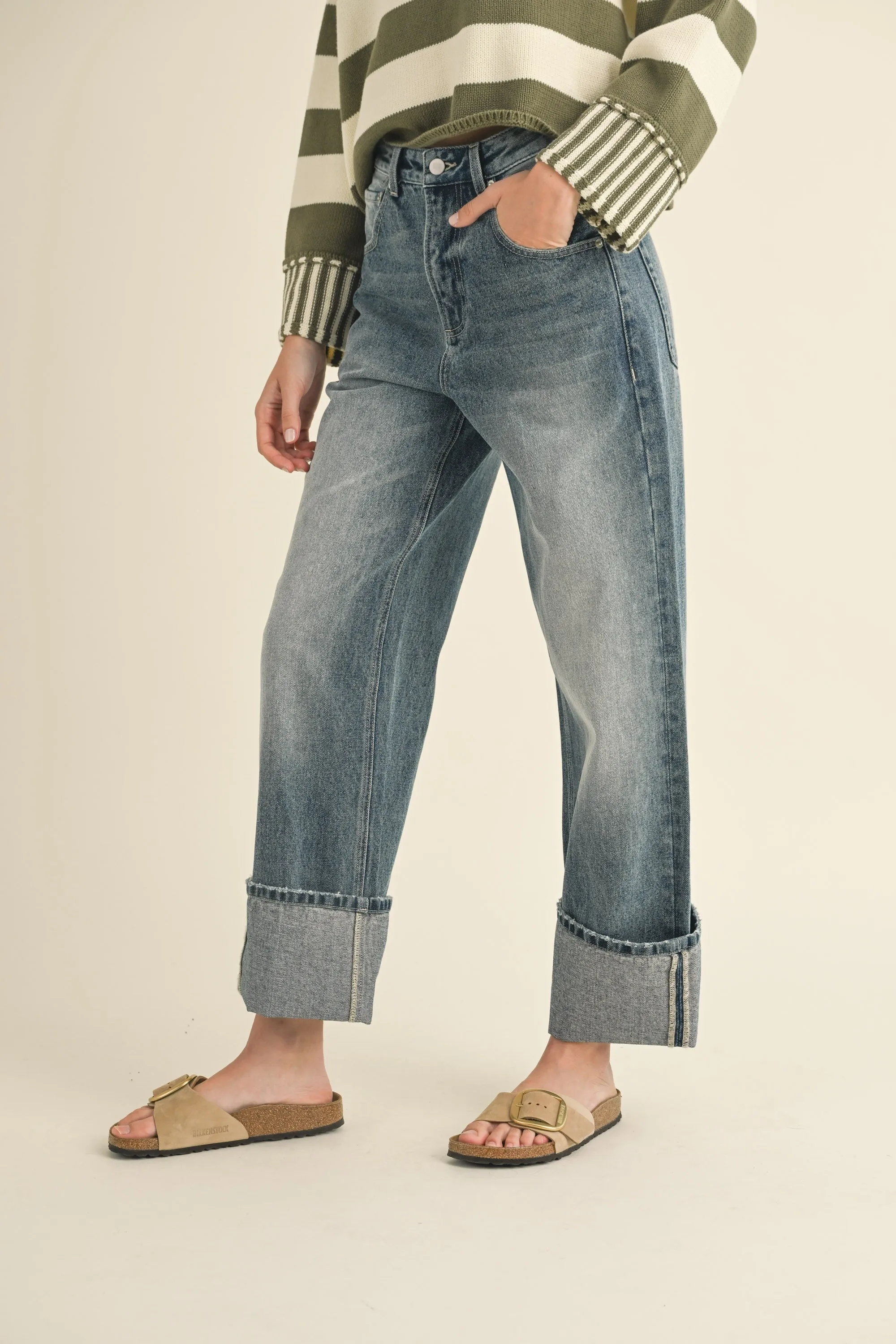 Straight Leg Cuffed Hem Denim Pants
