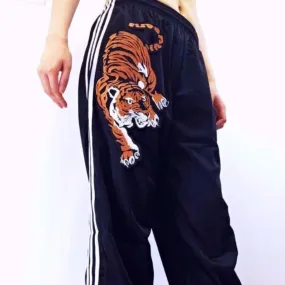 UNISEX TIGER EMBROIDERY BLACK 3-STRIPE TRACKSUIT TROUSERS