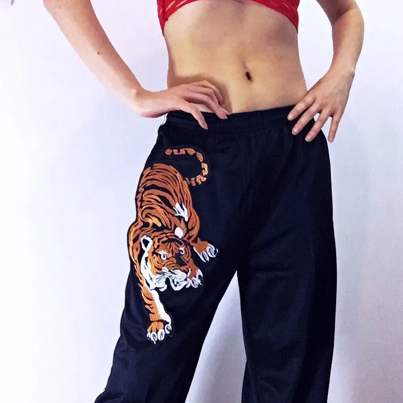 UNISEX TIGER EMBROIDERY BLACK 3-STRIPE TRACKSUIT TROUSERS