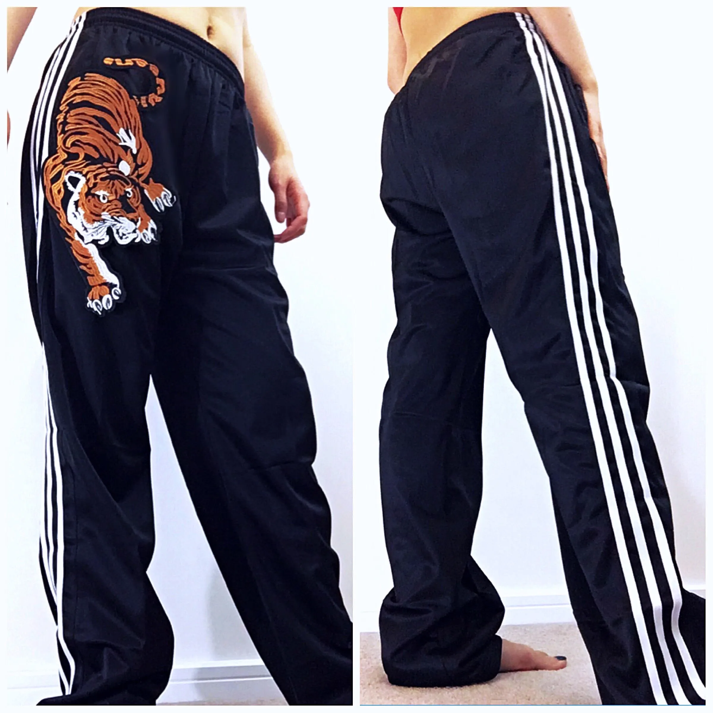 UNISEX TIGER EMBROIDERY BLACK 3-STRIPE TRACKSUIT TROUSERS