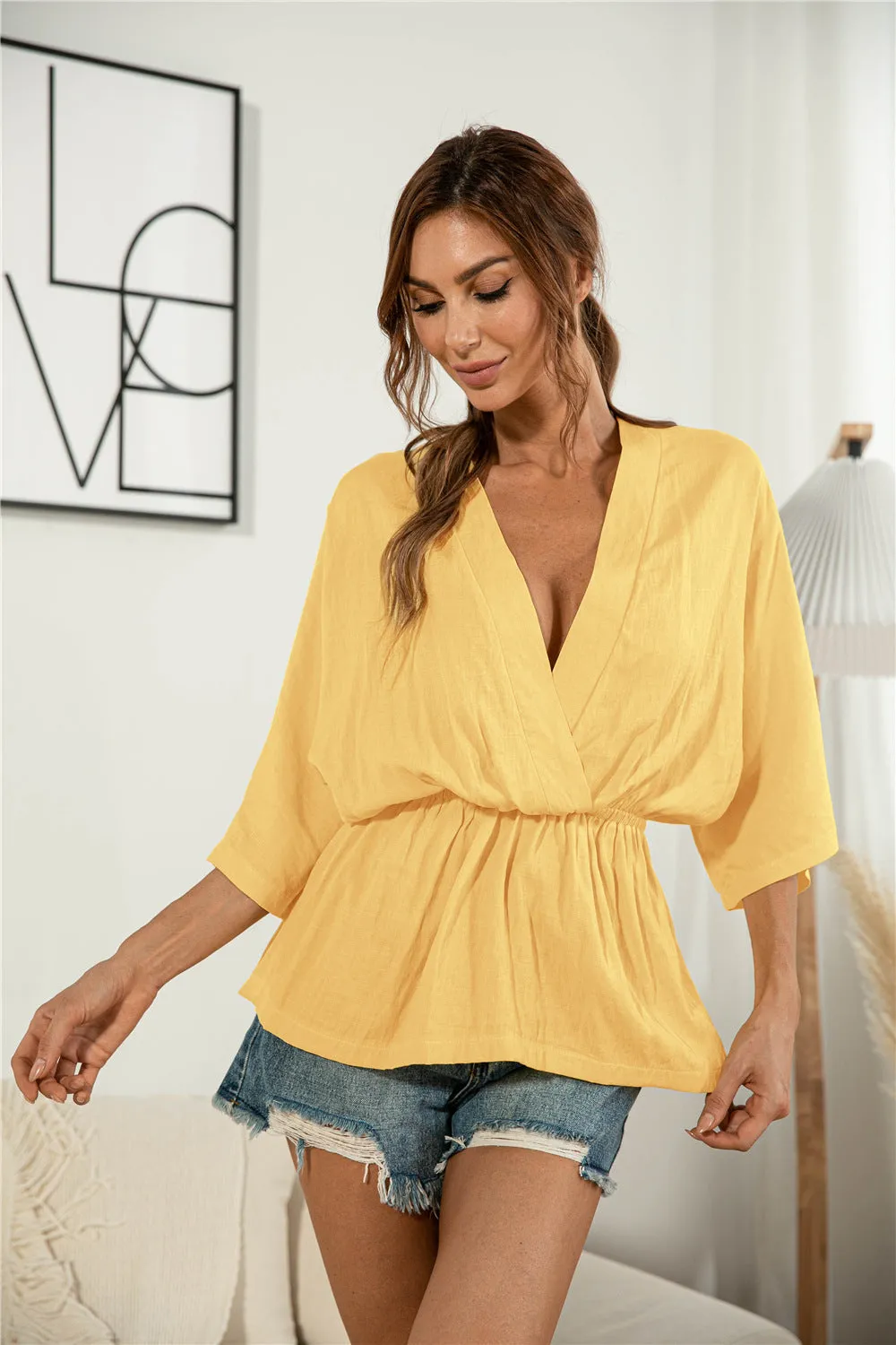 V-Neck Gathered Sunrise Blouse