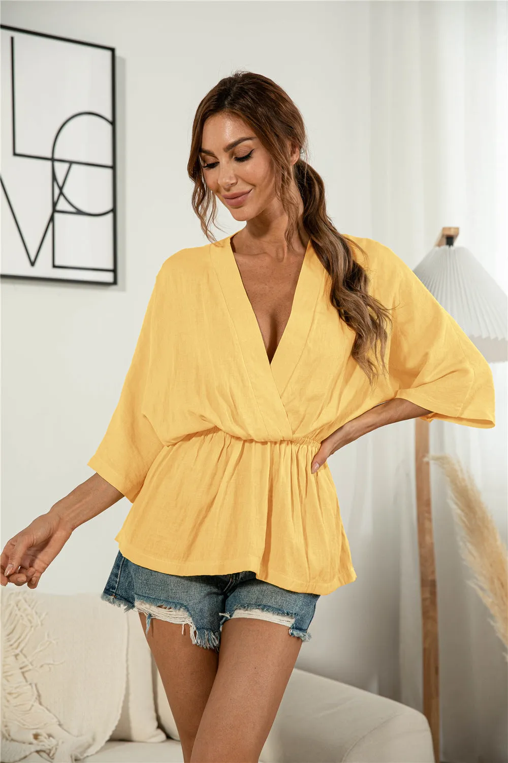 V-Neck Gathered Sunrise Blouse