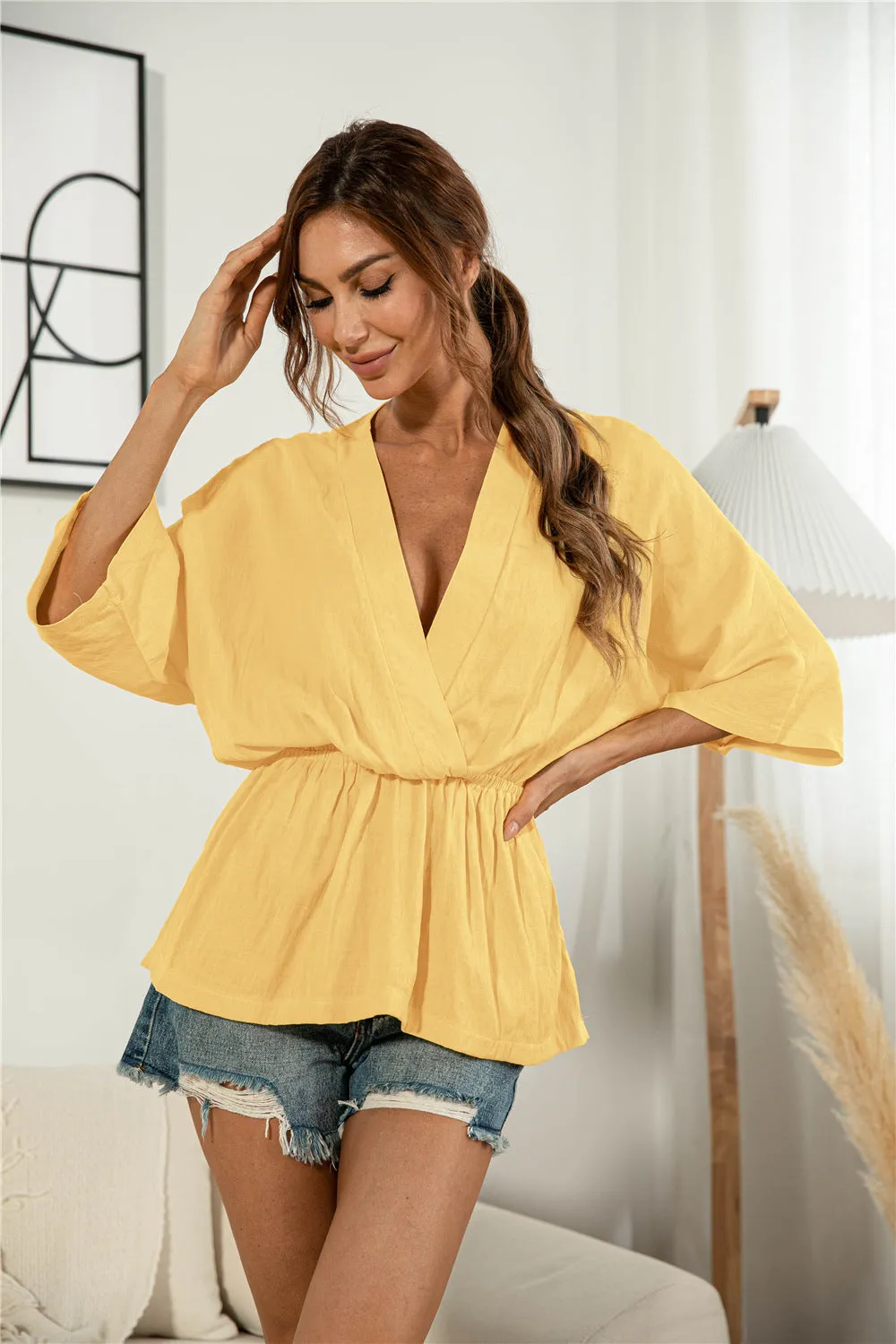 V-Neck Gathered Sunrise Blouse